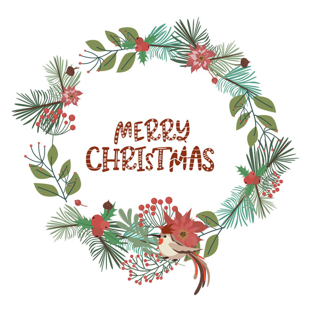 Merry Christmas and Happy New Year template card with floral wreath. Editable vector illustration - Vektör, Görsel