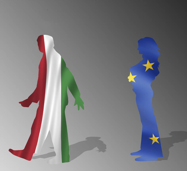 Mannelijke silhouet met Italiaanse vlag verlaten vrouw verkleed als Eu  - Foto, afbeelding