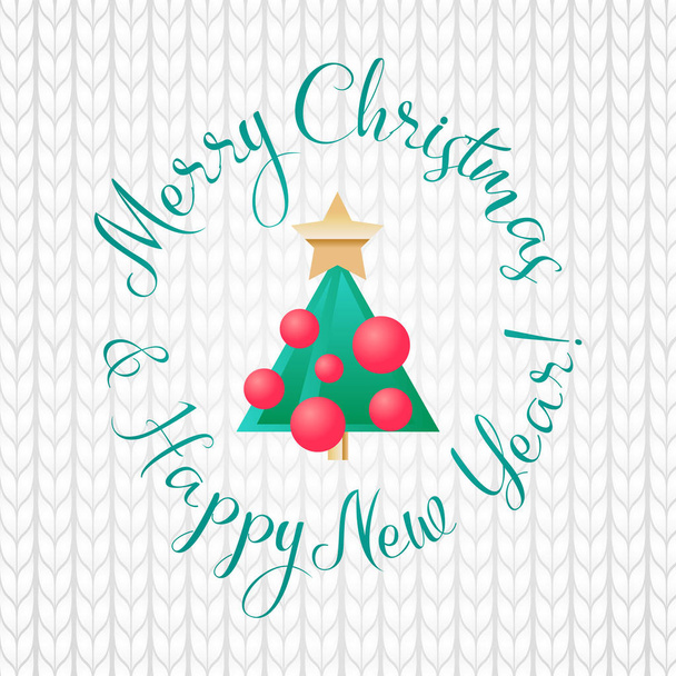Vector Merry Christmas and Happy New Year greeting card. cartoon green tree with balls and star on knitted background. - Vector, Image