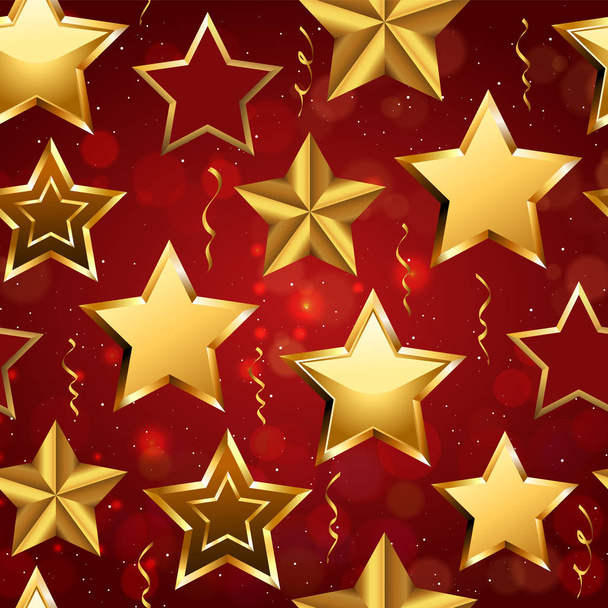 Shiny Seamless pattern of realistic golden 3D stars and confetti isolated on red backdrop. - Vektori, kuva