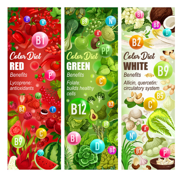 Color dieta vitamina alimentos. Hortalizas, frutas, frutos secos
 - Vector, imagen