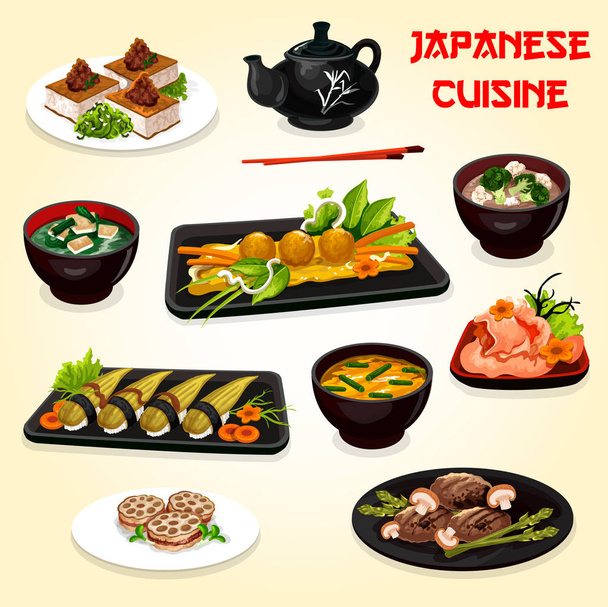 Japanse sushi, vis en vlees gerechten - Vector, afbeelding