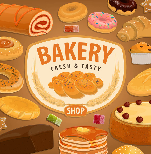 Pan, pastel y croissant. Panadería y pastelería
 - Vector, Imagen