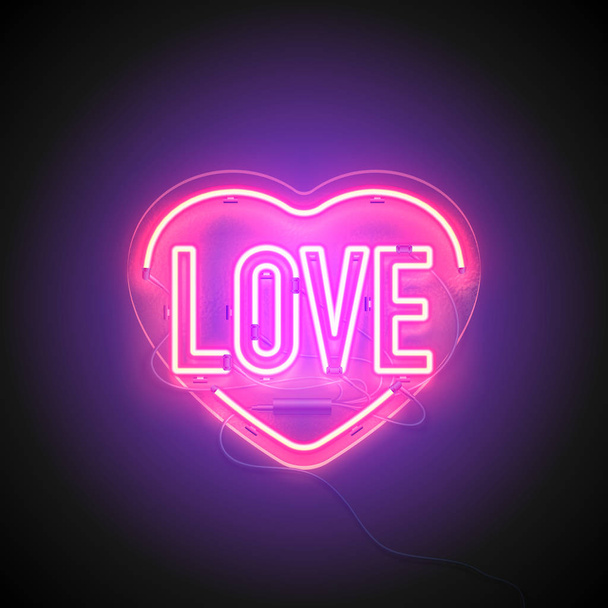 Bright heart. Neon sign. Retro neon heart signboard with word Love on purple background. Design element for Happy Valentine's Day. Ready for your design, greeting card. Vector illustration. - Vector, Image