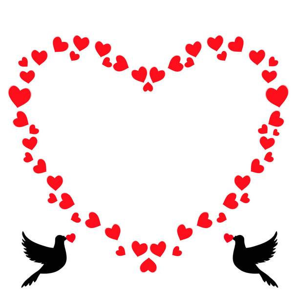 Vektor roten herzförmigen Retro-Vintage-Bordüre Fotorahmen von Herzen mit liebenden Tauben paar Tauben schwarze Silhouetten. Valentinstag Grußkarte Vorlage, Hochzeitseinladung, Scrapbooking Schmuck - Vektor, Bild