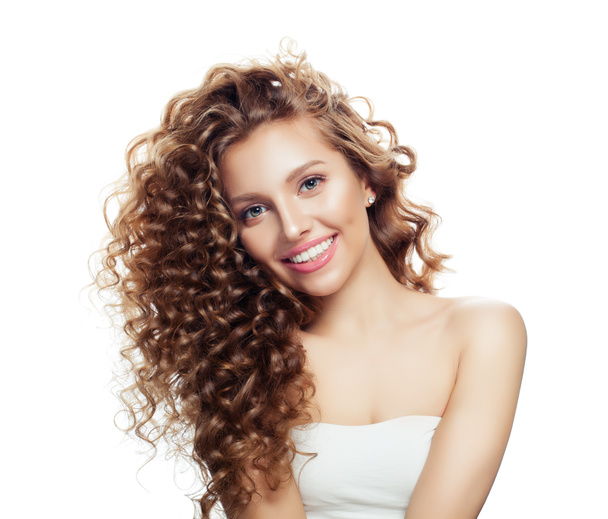 Pretty woman with curly haircut isolated on white. Positive emotion - 写真・画像