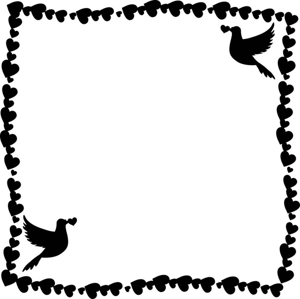 Vektor fekete-fehér, retro vintage határ képkeret szív szerető galambok pár galambok sziluettje a sarkokban. Valentin-nap meghívás, scrapbooking album elem monokróm sablon - Vektor, kép
