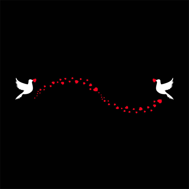 Elegante romantische liefde huwelijk, Valentijn illustratie van hart confetti stroom en vliegen vogels. Vele kleine harten en twee duiven voor de wenskaart, uitnodiging, grenzend aan ontwerp. Vector teken, symbool. - Vector, afbeelding