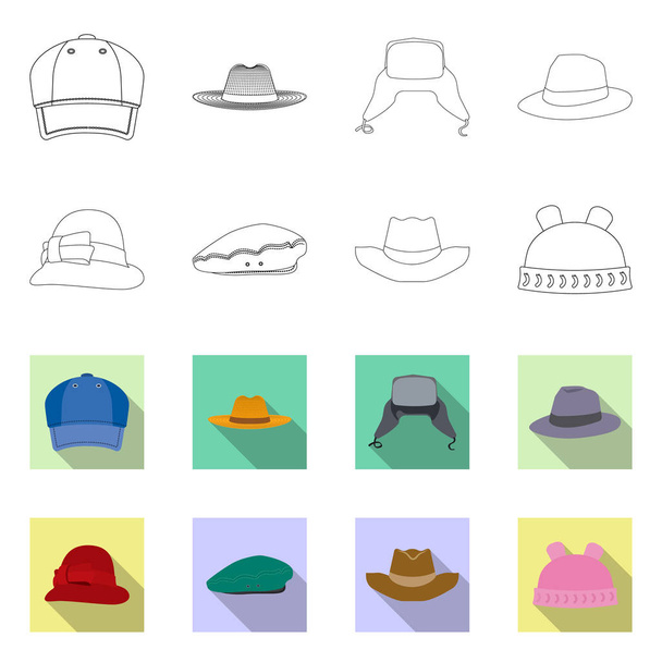 Vector illustration of headgear and cap sign. Set of headgear and accessory stock symbol for web. - Vettoriali, immagini