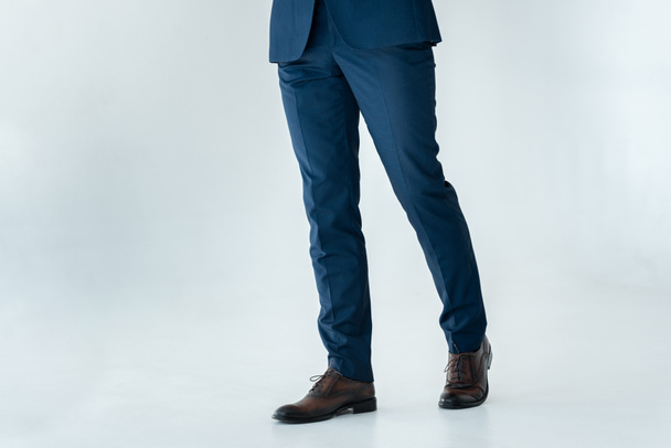 image recadrée de l'homme d'affaires en costume bleu et chaussures brunes debout isolé sur blanc
 - Photo, image