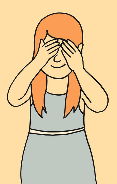 Vector plano y simple ilustración de estilo de una niña sonriente con las manos en los ojos jugando a las escondidas
 - Vector, imagen