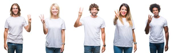 Kollaasi ryhmä ihmisiä päällään rento valkoinen t-paita yli eristetty tausta näyttää ja osoittaa sormilla numero kolme hymyillen itsevarma ja onnellinen
. - Valokuva, kuva