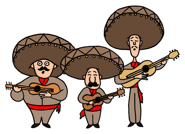 Vector illustration of three singing and playing mexican musicians with guitars isolated on white - Vector, Imagen