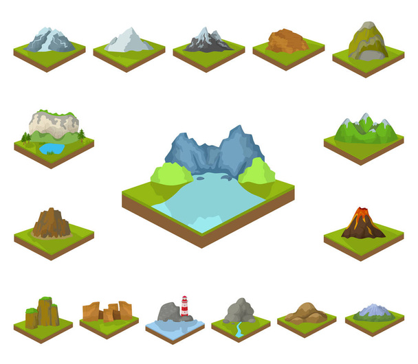 Mountains, massive cartoon icons in set collection for design. The surface of the earth vector isometric symbol stock web illustration. - Vector, imagen
