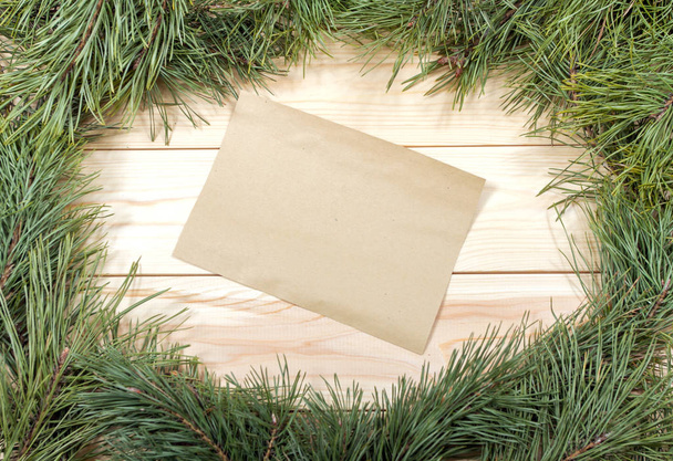 Christmas Greeting Card. Fir Branch And Decoration On Plank. Christmas Fir Tree On Wooden Background. Copy Spac - Fotoğraf, Görsel