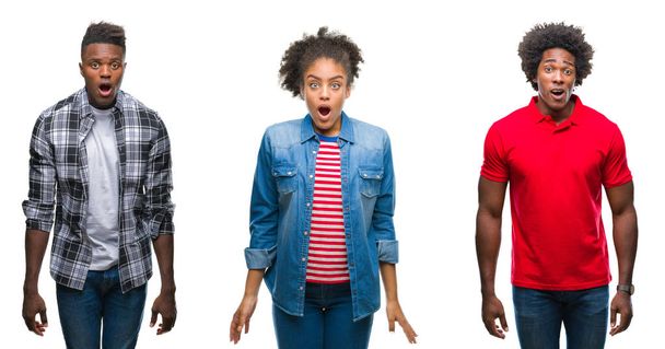 Colagem de grupo afro-americanos com cabelo afro sobre fundo isolado com medo e chocado com expressão surpresa, medo e rosto animado
. - Foto, Imagem