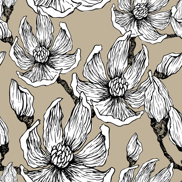Ink, pencil, the leaves and flowers of Magnolia. Seamless pattern background. Hand drawn nature painting. Freehand sketching illustration - Vecteur, image