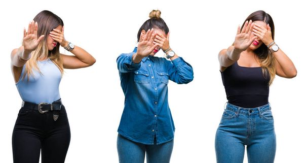 Collage of young beautiful woman over isolated background covering eyes with hands and doing stop gesture with sad and fear expression. Embarrassed and negative concept. - Фото, зображення