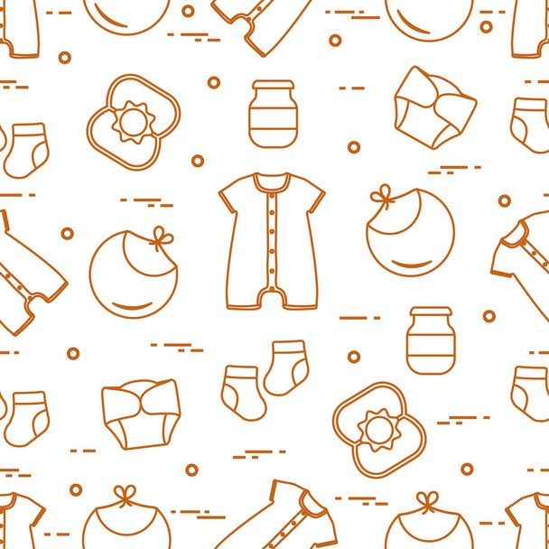 Seamless pattern with goods for babies. Newborn baby background. Bib, baby food can, rattle, socks, diapers, bodysuit. - Vektor, Bild