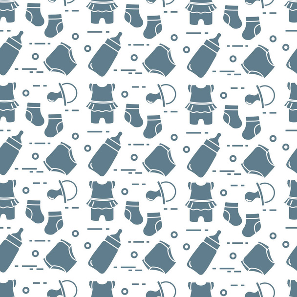 Seamless pattern with goods for babies. Newborn baby background. Baby bottle, nipple, socks, diapers, bodysuit. - Vettoriali, immagini