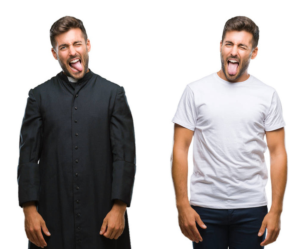 Collage of handsome young man and catholic priest over isolated background sticking tongue out happy with funny expression. Emotion concept. - Photo, Image