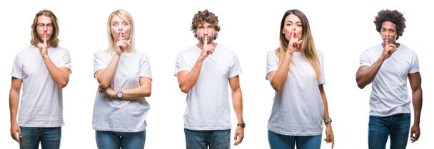 Collage of group of people wearing casual white t-shirt over isolated background asking to be quiet with finger on lips. Silence and secret concept. - Photo, Image