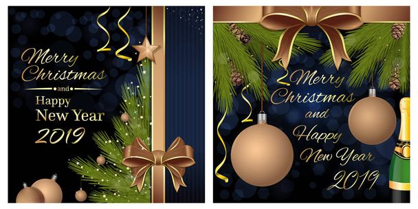 Feliz Navidad y Feliz Año Nuevo 2019. Conjunto de tarjetas de felicitación con un árbol de Navidad e inscripción de felicitación. Ilustración vectorial
 - Vector, imagen