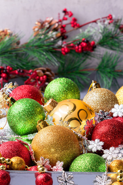 Christmas balls. Decoration on colour background - Photo, Image
