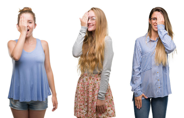 Collage of group of blonde women over isolated background covering one eye with hand with confident smile on face and surprise emotion. - Photo, image