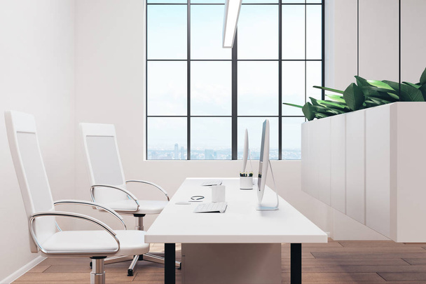 Intérieur de bureau avec mobilier. Style, design et concept de lieu de travail. Rendu 3D
  - Photo, image