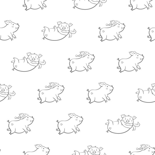 Seamless pattern with lovely cute cheerful piggies. Winter background in hand drawn style. Card with cartoon animal. Easy vector illustration - Vector, Imagen
