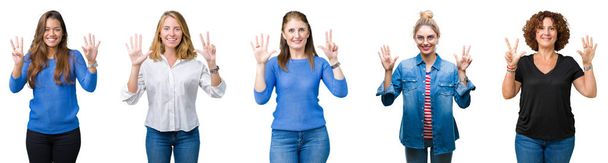 Collage de groupe de belles femmes sur fond blanc isolé montrant et pointant vers le haut avec les doigts numéro huit tout en souriant confiant et heureux
. - Photo, image