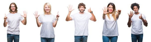 Collage of group of people wearing casual white t-shirt over isolated background showing and pointing up with fingers number six while smiling confident and happy. - Photo, Image