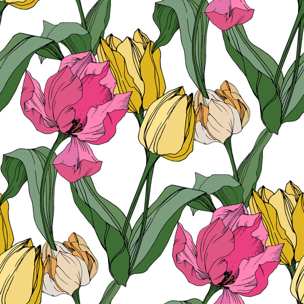 Vector Tulipán grabado arte tinta. Flor botánica floral. Patrón de fondo sin costuras. Textura de impresión de papel pintado de tela
. - Vector, Imagen