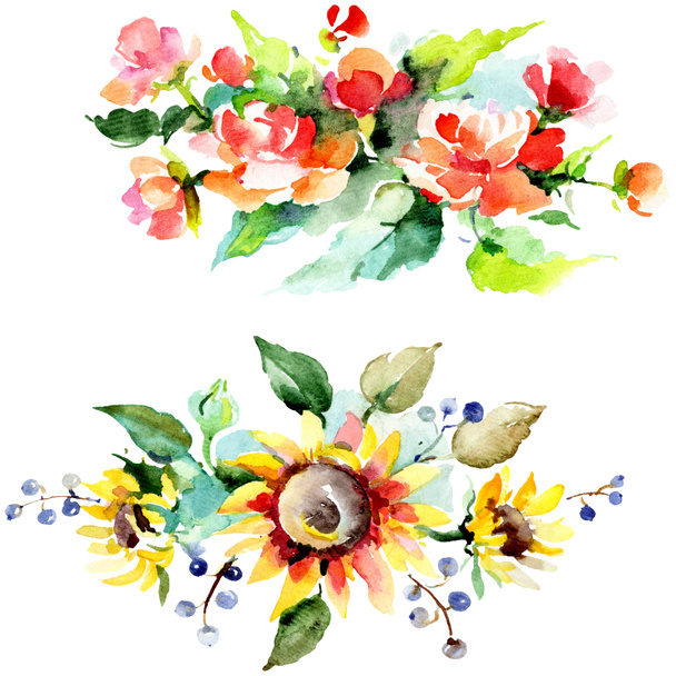 Όμορφα λουλούδια ακουαρέλα σε άσπρο φόντο. Ακουαρέλα σχεδίασης aquarelle εικονογράφηση. Απομονωμένη μπουκέτο λουλούδια απεικόνιση στοιχείου. - Φωτογραφία, εικόνα