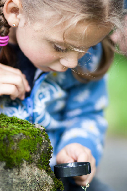 retrato creativo de una hermosa niña de cinco años que examina cuidadosamente las plantas con una lupa
 - Foto, imagen