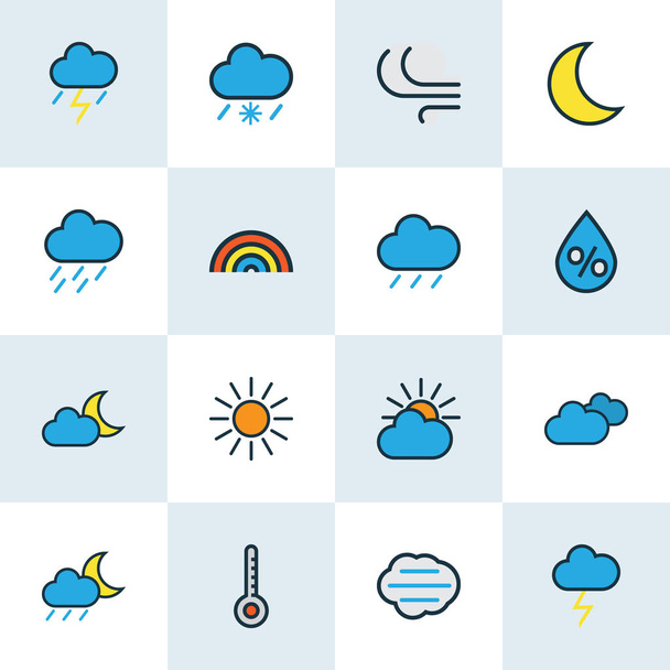 Clima icone linea colorata con mezzanotte, gelido, giorno nuvoloso e altri elementi di sole. Isolato illustrazione icone del clima
. - Foto, immagini
