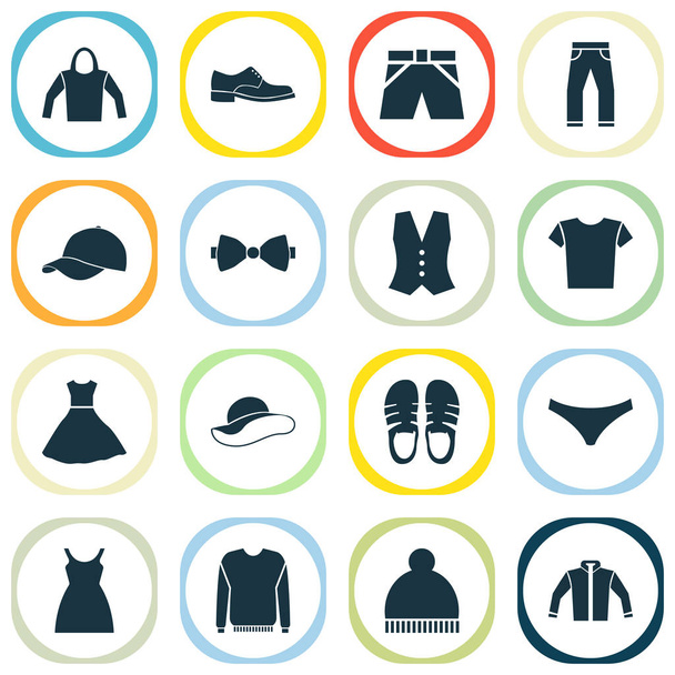 Dress icons set with baseball cap, shorts, hoodie and other sundress elements. Isolated vector illustration dress icons. - Vector, Image