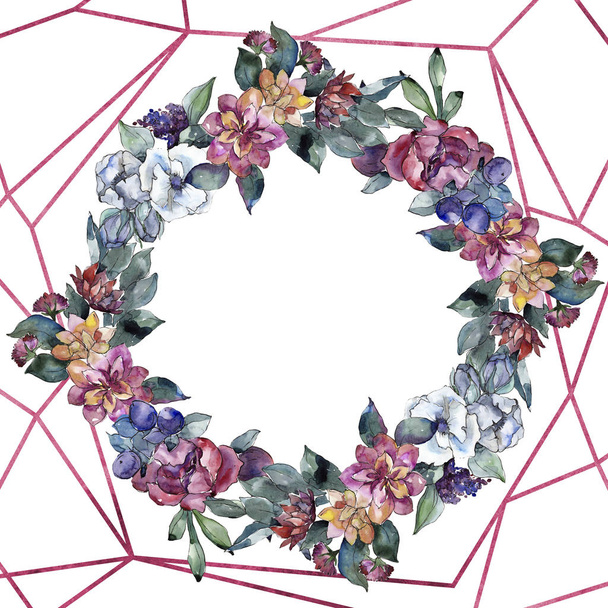 Bouquet floral flower. Watercolor background illustration set. Watercolour drawing. Frame border ornament square. - Zdjęcie, obraz