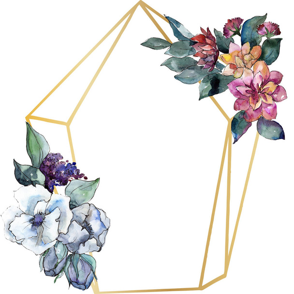 Bouquet floral flower. Watercolor background illustration set. Watercolour drawing. Frame border ornament square. - Fotoğraf, Görsel