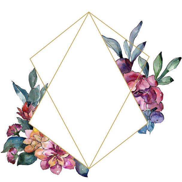 Bouquet floral flower. Watercolor background illustration set. Watercolour drawing. Frame border ornament square. - Photo, Image