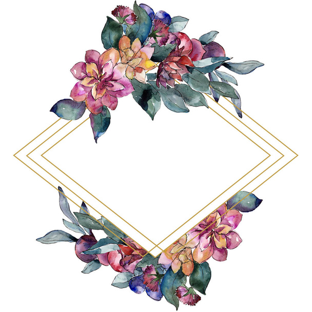 Bouquet floral flower. Watercolor background illustration set. Watercolour drawing. Frame border ornament square. - Foto, Imagen