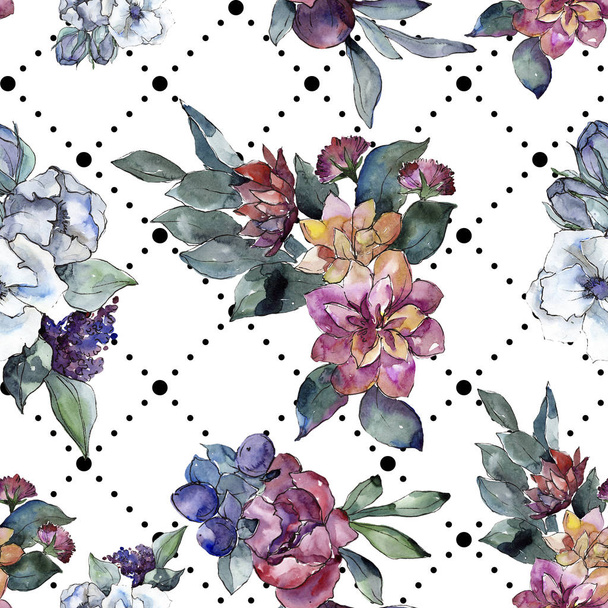 Bouquet floral flower. Watercolor illustration. Watercolour seamless background pattern. Fabric wallpaper print texture. - Foto, afbeelding