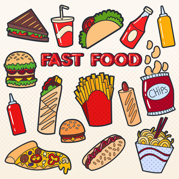 Set of pop art badges. Fast food.  - Vecteur, image