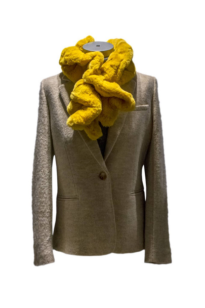 Elegante bufanda femenina amarilla y abrigo beige en maniquí. Maniquí femenino con silenciador, suéter y abrigo. Traje de otoño femenino
 - Foto, imagen