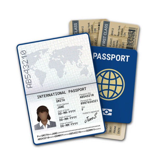 Διεθνές διαβατήριο και αεροπορική εταιρεία επιβίβαση στο εισιτήριό σας. Υπόδειγμα διαβατηρίου του η μαύρη γυναίκα με βιομετρικά στοιχεία αναγνώρισης, δείγμα της φωτογραφίας, υπογραφή και άλλα προσωπικά δεδομένα - Διάνυσμα, εικόνα