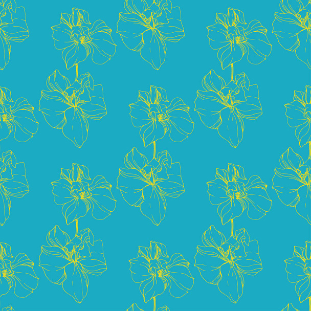 Beautiful yellow orchid flowers. Engraved ink art. Seamless background pattern. Fabric wallpaper print texture on blue background. - Vector, Image