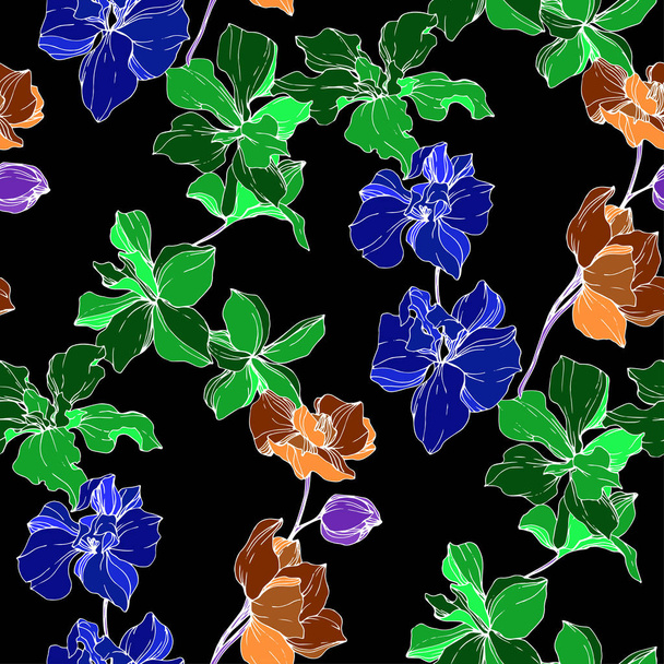 Mooie blauwe, oranje en groene orchideebloemen. Gegraveerde inkt art. Naadloze achtergrondpatroon. Structuur behang textuur op zwarte achtergrond afdrukken. - Vector, afbeelding