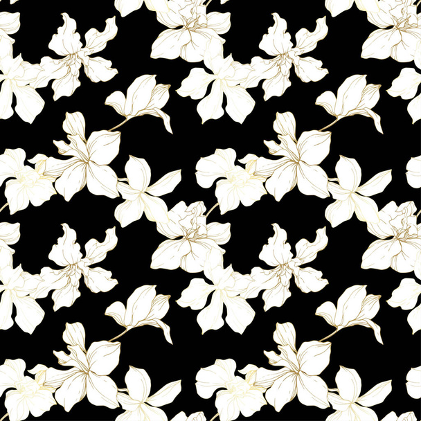 Beautiful orchid flowers. Black and white engraved ink art. Seamless background pattern. Fabric wallpaper print texture on black background. - Vector, Image