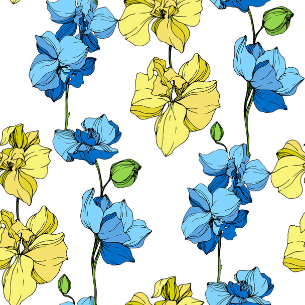 Beautiful yellow and blue orchid flowers. Engraved ink art. Seamless background pattern. Fabric wallpaper print texture on white background. - Vector, Image